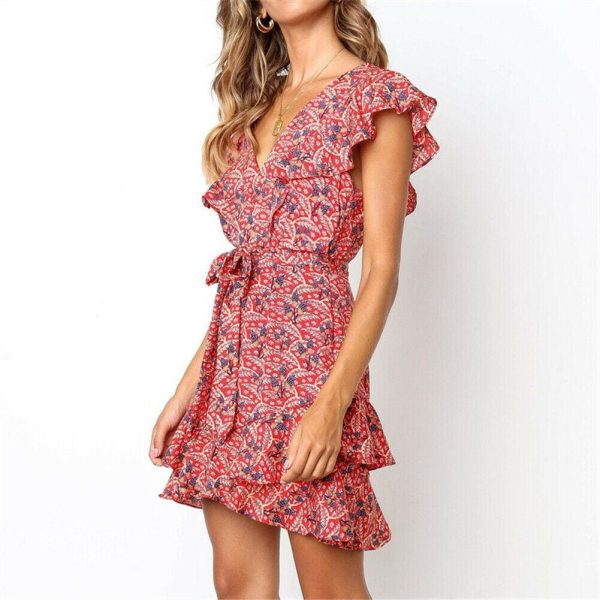 The Best Boho Women Ladies Summer Beach Mini Dress Fashion Floral Holiday V Neck Ruffle Sundress Casual Clothing New Online - Hplify
