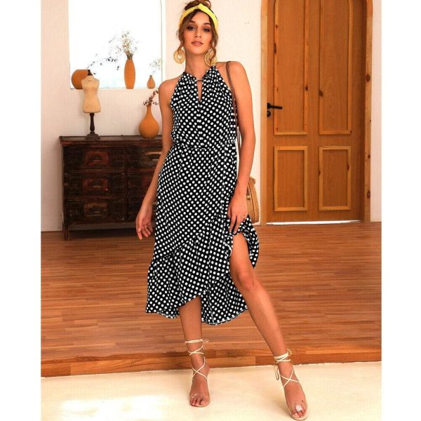 The Best Boho Women Summer Holiday Polka Dot Ruffle Dress Fashion Ladies Sleeveless Halter Neck Casual Dress Sundress Online - Hplify