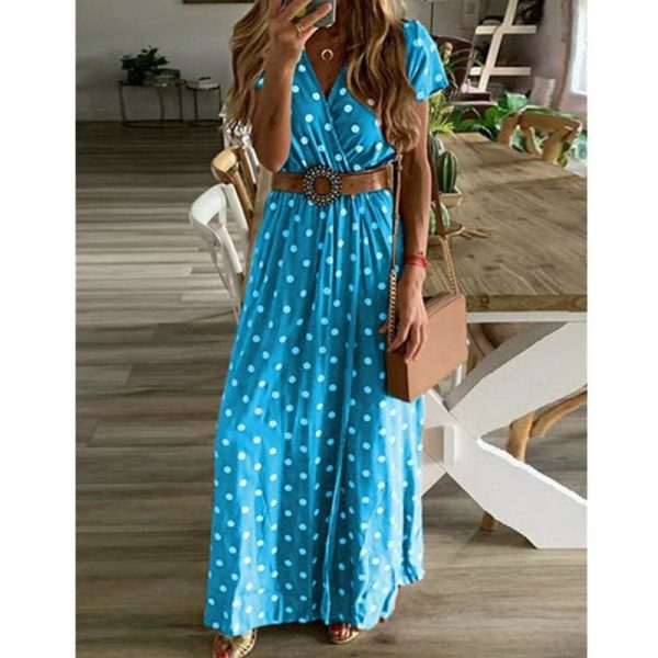 The Best Boho Women Summer Maxi Long Dress Fashion Ladies Short Sleeve V-neck Beach Evening Party Polka Dot Sundress Online - Hplify