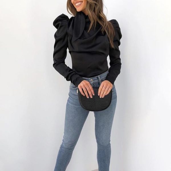 bow tied neck long sleeve t shirt women solid puff sleeve tee shirts tops elegant ladies basic top blusa feminino - Hplify