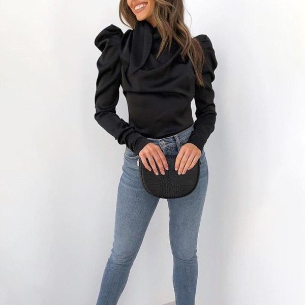 bow tied neck long sleeve t shirt women solid puff sleeve tee shirts tops elegant ladies basic top blusa feminino - Hplify