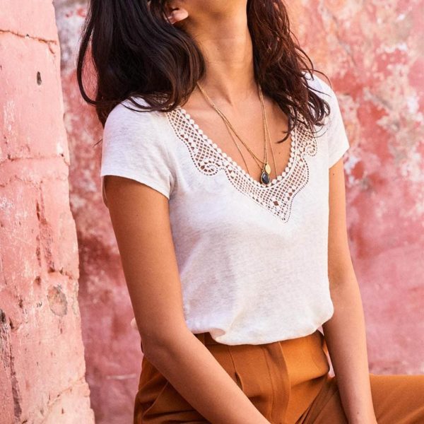 The Best Casual T shirt Women Short Sleeve Loose Shirt Fashion Ladies Summer Casual V neck Lace Top Shirt Women Clothing Online - Hplify