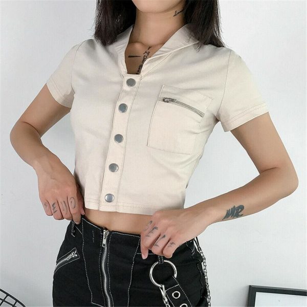 The Best Casual Tank Tops Vest Blouse Short Sleeve Solid Button Short Crop Shirt Online - Hplify