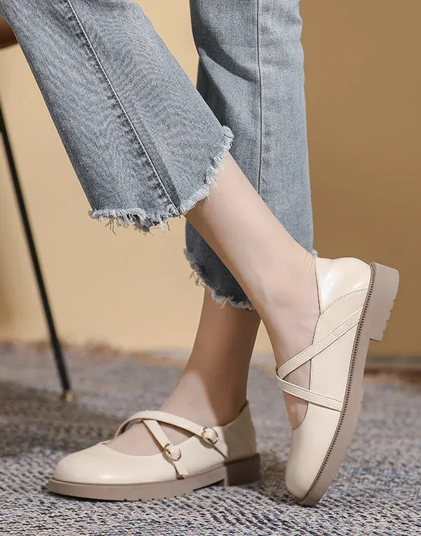 Womens Flat Bottom Round Toe Mary Jane Shoes Soft Non-slip Cross Straps
