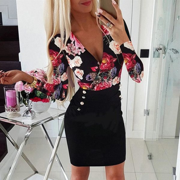 The Best Deep V Neck Dress Women's Sexy Floral Long Sleeve Bodycon Dress Fashion Lady Flowers Patchwork Short Dress Online - Hplify