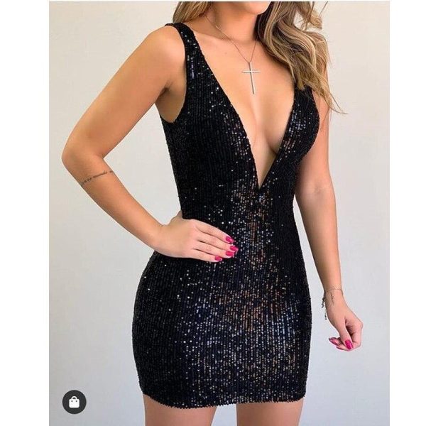 deep v neck sequined dress women sleeveless party dress Slim fit black sequins bodycon dresses summer mini vestidos - Hplify