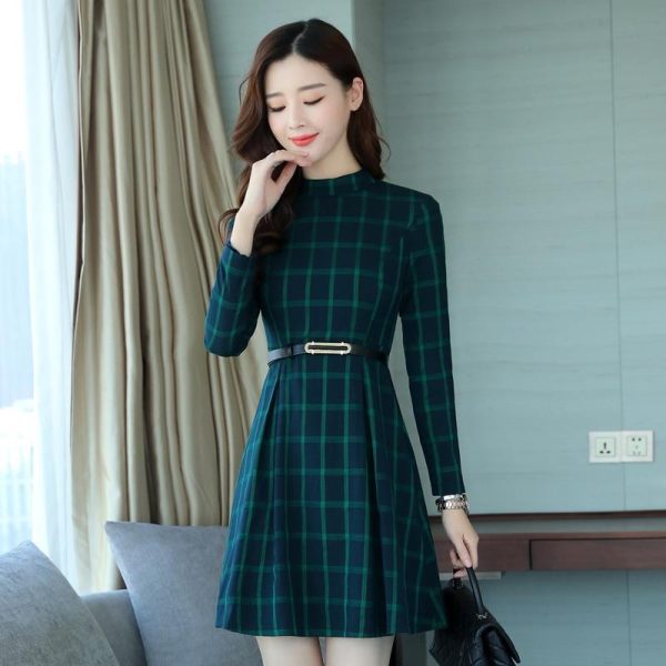 dress autumn outfit women plaid print long sleeve o neck belted outfit - Hplify