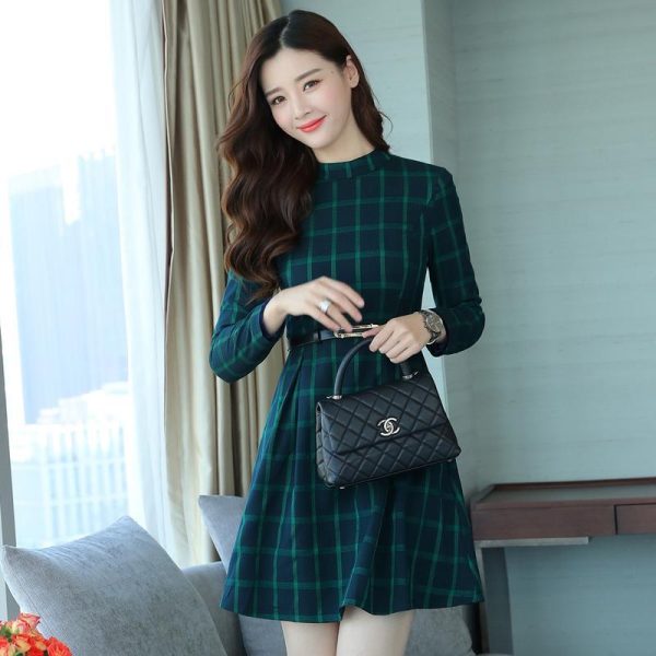 dress autumn outfit women plaid print long sleeve o neck belted outfit - Hplify