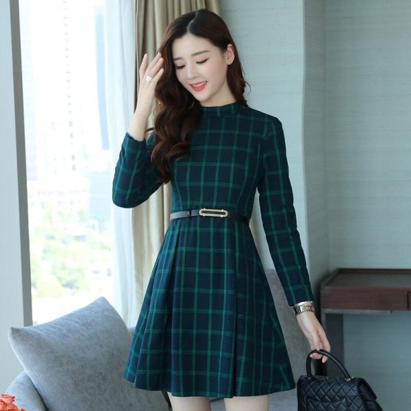 dress autumn outfit women plaid print long sleeve o neck belted outfit - Hplify