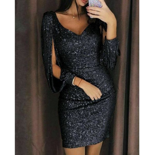 The Best Dress Newest Long Sleeve V Neck Tassels Bandage Dress Bodycon Evening Party Sequin MIni Dresses Clubwear Online - Hplify