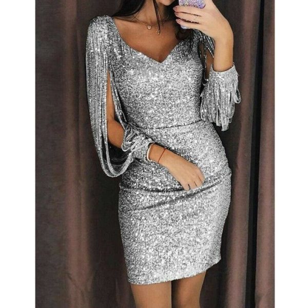 The Best Dress Newest Long Sleeve V Neck Tassels Bandage Dress Bodycon Evening Party Sequin MIni Dresses Clubwear Online - Hplify