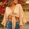The Best Early Autumn Blouse Top Fashion Women's Casual Striped Bell Sleeve Low-Cut Deep V-neck Short Cropped Navel Autumn Top Online - Hplify