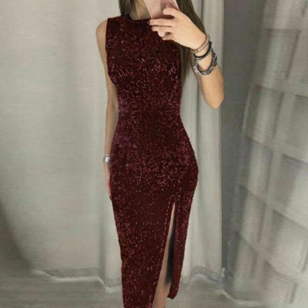 The Best Eleagnt Women's Bodycon Sequin Glitter Midi Short Dress Sexy Lady Sleeveless Slim Split Evening Party Gown Dress Online - Hplify
