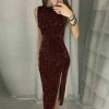 The Best Eleagnt Women's Bodycon Sequin Glitter Midi Short Dress Sexy Lady Sleeveless Slim Split Evening Party Gown Dress Online - Hplify