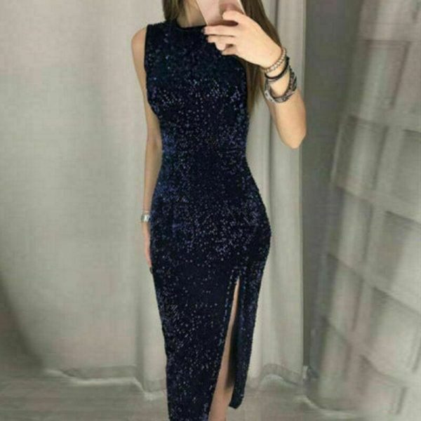 The Best Eleagnt Women's Bodycon Sequin Glitter Midi Short Dress Sexy Lady Sleeveless Slim Split Evening Party Gown Dress Online - Hplify