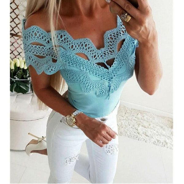 The Best Elegant Casual Off shoulder Lace Slim T-Shirt Top Ladies Sleeveless V-Neck Tops Sexy Slim Solid Shirts Online - Hplify