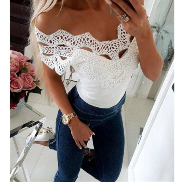 The Best Elegant Casual Off shoulder Lace Slim T-Shirt Top Ladies Sleeveless V-Neck Tops Sexy Slim Solid Shirts Online - Hplify