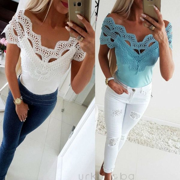 The Best Elegant Casual Off shoulder Lace Slim T-Shirt Top Ladies Sleeveless V-Neck Tops Sexy Slim Solid Shirts Online - Hplify