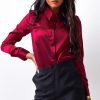 The Best Elegant Fashion Women Long Sleeve Button Down Shirt OL Work Ladies Satin Loose Lapel Blouse Casual Tee Tops Online - Hplify