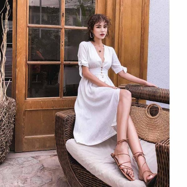 The Best Elegant High Waist Short Lace Up Bow Sleeve V Neck Vintage Dress Online - Hplify