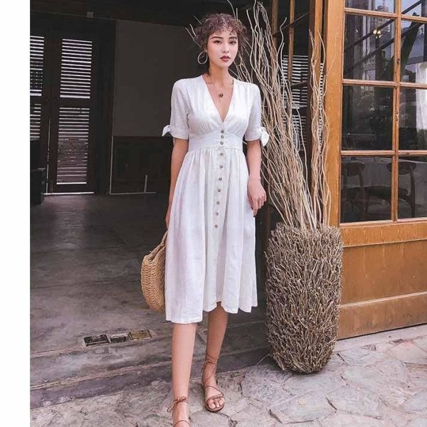 The Best Elegant High Waist Short Lace Up Bow Sleeve V Neck Vintage Dress Online - Hplify
