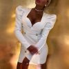 elegant puff sleeve white dress women double breasted office bodycon dress winter long sleeve casual v neck vestidos - Hplify