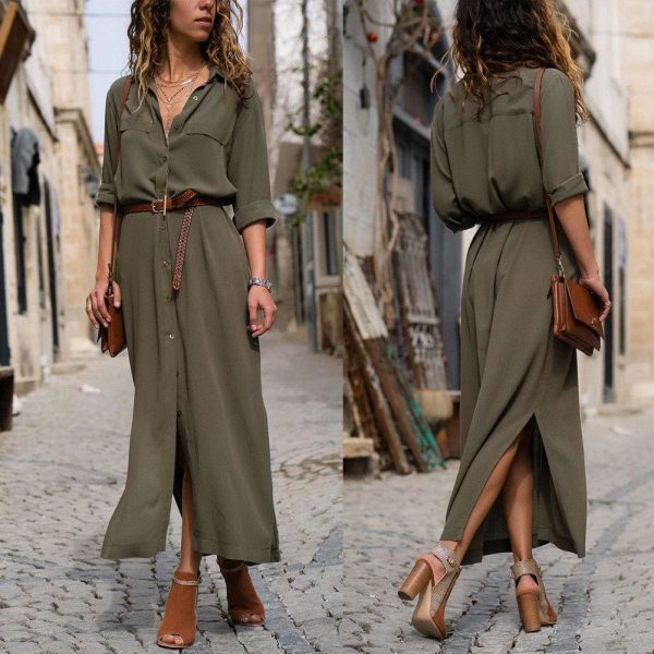 The Best Elegant Women Sexy V Collar Long Maxi Dress OL Ladies Casual Long Sleeve Solid Holiday Summer Beach Sundress Online - Hplify