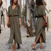 The Best Elegant Women Sexy V Collar Long Maxi Dress OL Ladies Casual Long Sleeve Solid Holiday Summer Beach Sundress Online - Hplify