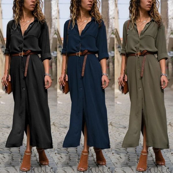 The Best Elegant Women Sexy V Collar Long Maxi Dress OL Ladies Casual Long Sleeve Solid Holiday Summer Beach Sundress Online - Hplify