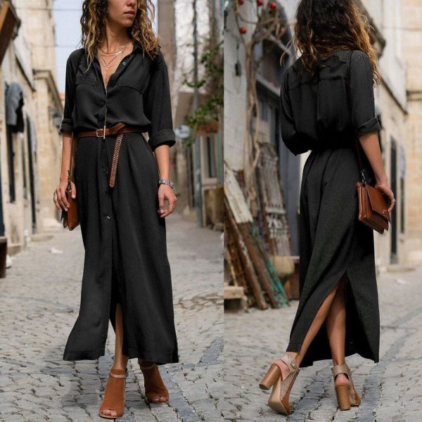 The Best Elegant Women Sexy V Collar Long Maxi Dress OL Ladies Casual Long Sleeve Solid Holiday Summer Beach Sundress Online - Hplify