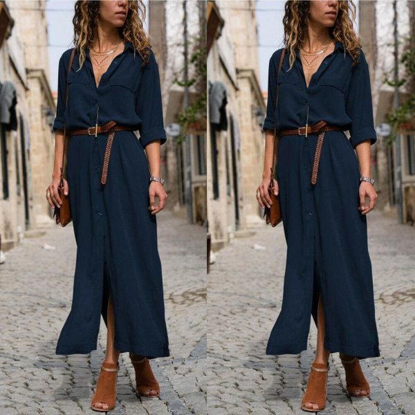 The Best Elegant Women Sexy V Collar Long Maxi Dress OL Ladies Casual Long Sleeve Solid Holiday Summer Beach Sundress Online - Hplify