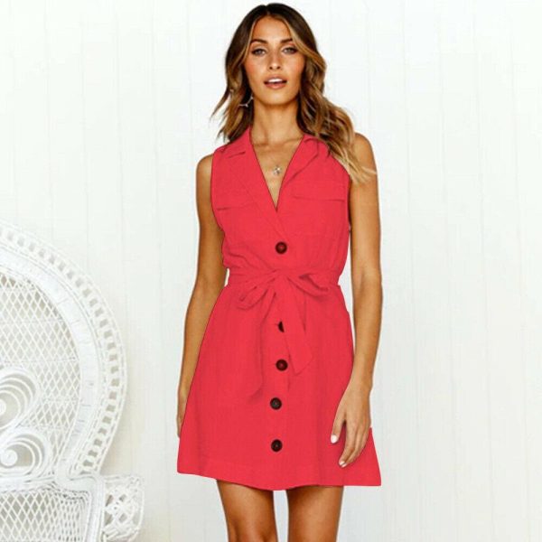 The Best Elegant Women Sleeveless Turndown Collar Button Bodycon Sundress OL Ladies Summer Holiday Beach Mini Dress Online - Hplify