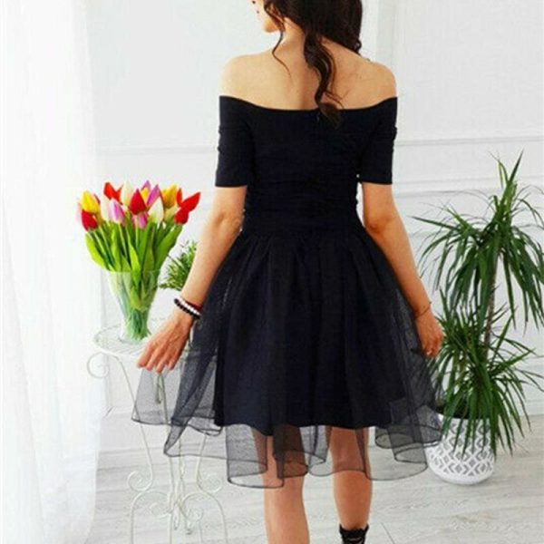 The Best Elegant Women Summer Ruffle Mesh Mini Dresses Off Shoulder Evening Party Ladies Cocktail Club Mini Formal Dress Online - Hplify