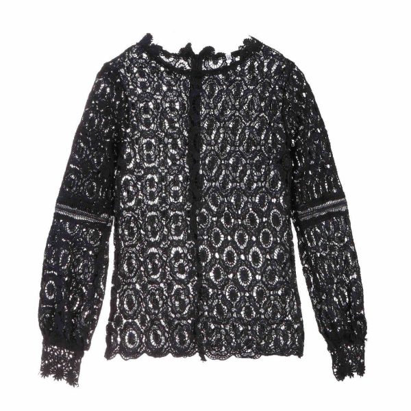 The Best Elegant Women's Fashion Lace Casual Hollow Shirt Ladies Slim Loose Long Sleeve High Neck White Shirt Tops Online - Hplify