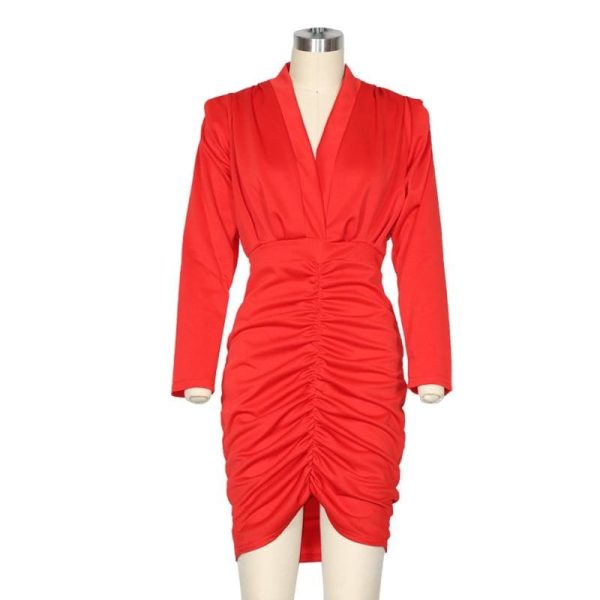 The Best Elegant Women's Long Sleeve V Neck Bodycon Dress OL Ladies Evening Party Office Workout Mini Dress Online - Hplify