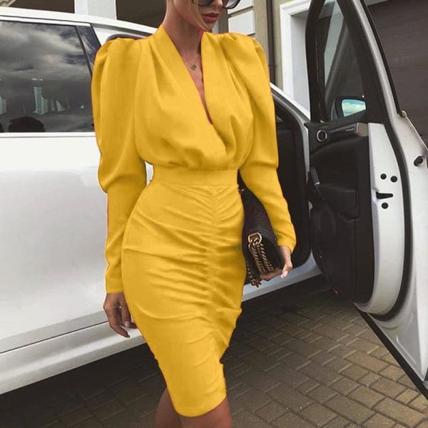 The Best Elegant Women's Long Sleeve V Neck Bodycon Dress OL Ladies Evening Party Office Workout Mini Dress Online - Hplify