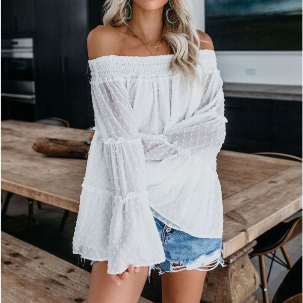The Best Elegant Women's Off Shoulder Long Sleeve Tops Ladies Sexy Pullover Loose Fashion T-shirt Online - Hplify
