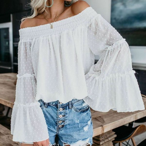 The Best Elegant Women's Off Shoulder Long Sleeve Tops Ladies Sexy Pullover Loose Fashion T-shirt Online - Hplify