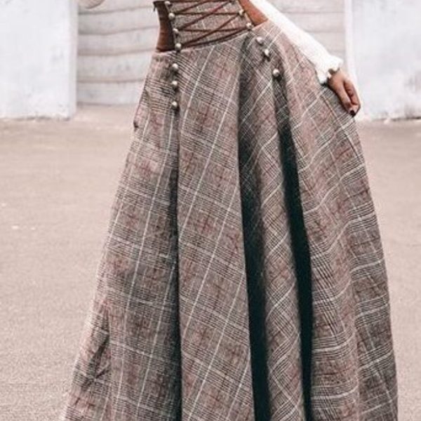Alternative view of Women Checkered Skirts Vintage High Waisted Button Long Maxi Cotton-Blend Drawstring Skirts
