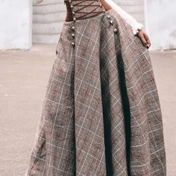 Alternative view of Women Checkered Skirts Vintage High Waisted Button Long Maxi Cotton-Blend Drawstring Skirts
