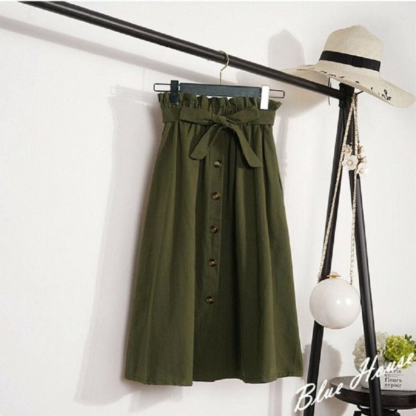 The Best Fashion A-Line Skirt Women Casual Elastic High Waist Loose Summer OL Ladies Pocket Button Midi Long Skirt Online - Hplify