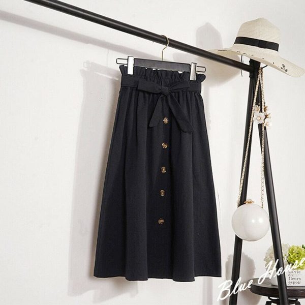 The Best Fashion A-Line Skirt Women Casual Elastic High Waist Loose Summer OL Ladies Pocket Button Midi Long Skirt Online - Hplify