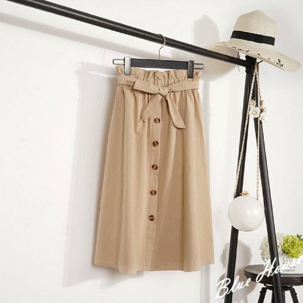 The Best Fashion A-Line Skirt Women Casual Elastic High Waist Loose Summer OL Ladies Pocket Button Midi Long Skirt Online - Hplify