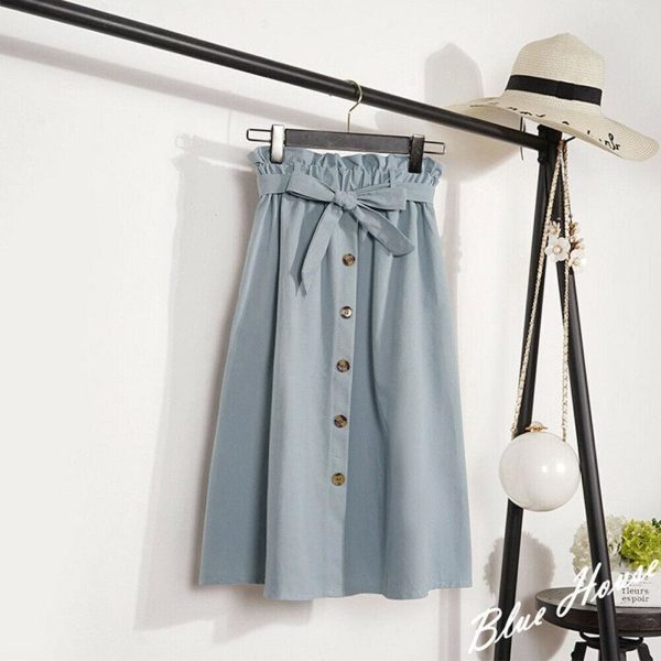 The Best Fashion A-Line Skirt Women Casual Elastic High Waist Loose Summer OL Ladies Pocket Button Midi Long Skirt Online - Hplify