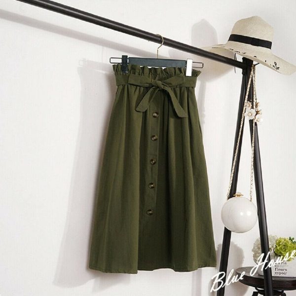 The Best Fashion A-Line Skirt Women Casual Elastic High Waist Loose Summer OL Ladies Pocket Button Midi Long Skirt Online - Hplify