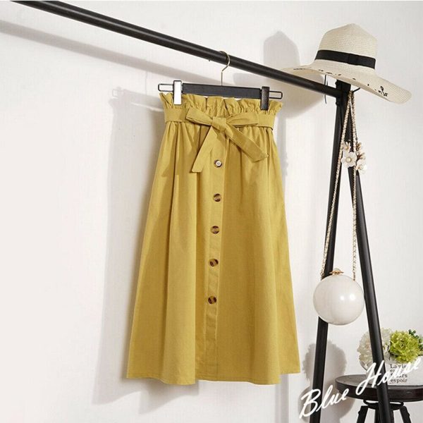 The Best Fashion A-Line Skirt Women Casual Elastic High Waist Loose Summer OL Ladies Pocket Button Midi Long Skirt Online - Hplify