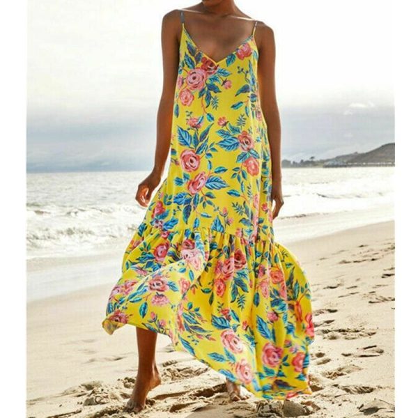 The Best Fashion Beach Dress Women Holiday Sleeveless Loose Summer Beach Casual Floral Long Maxi Dress Sundress Online - Hplify