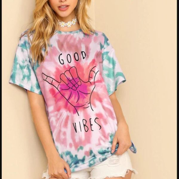 The Best Fashion Boho Women Casual Summer Short Sleeve Loose T-Shirt Ladies GOOD VIBES Print Cotton Tops Shirt Outwear Online - Hplify