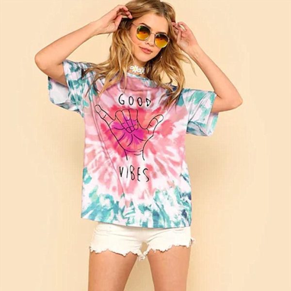 The Best Fashion Boho Women Casual Summer Short Sleeve Loose T-Shirt Ladies GOOD VIBES Print Cotton Tops Shirt Outwear Online - Hplify