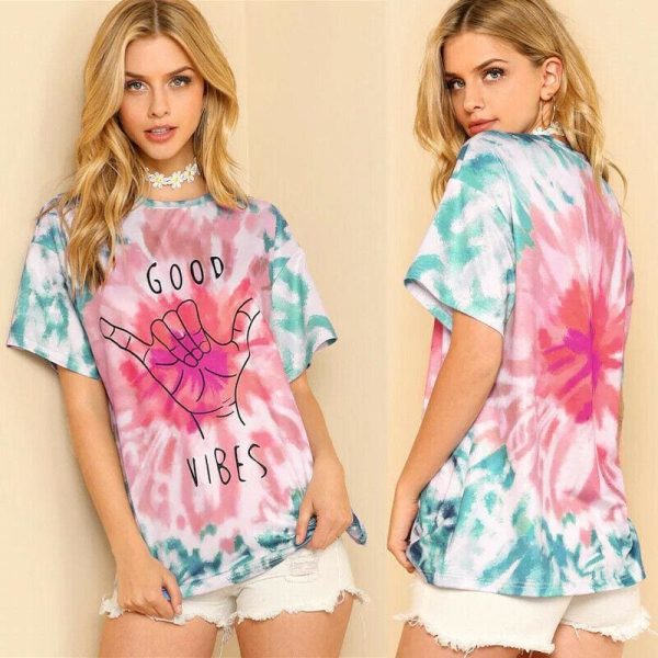 The Best Fashion Boho Women Casual Summer Short Sleeve Loose T-Shirt Ladies GOOD VIBES Print Cotton Tops Shirt Outwear Online - Hplify